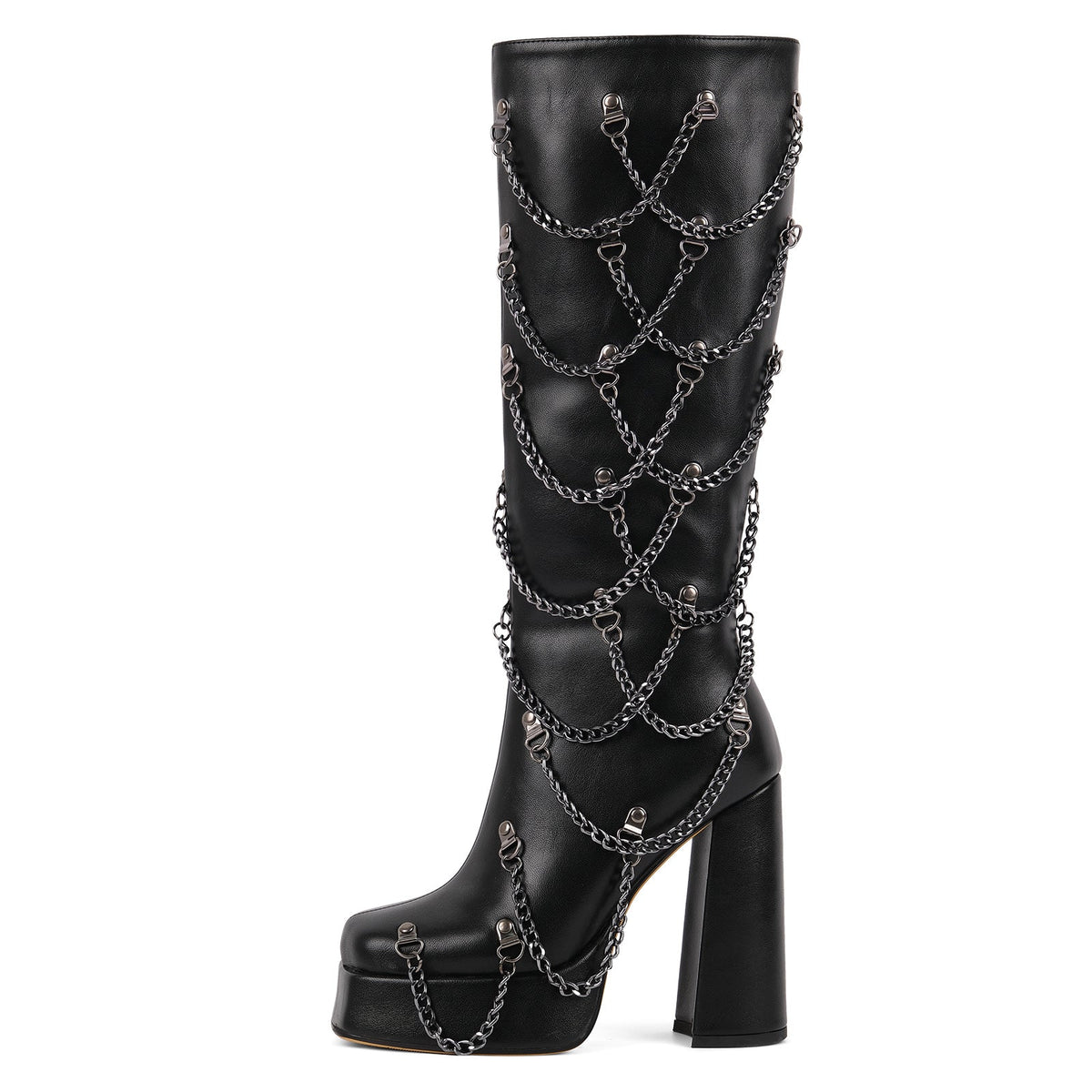 Square Toe Platform Metal Chain Knee High Boots - Onlymaker Latest