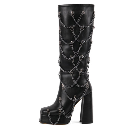Square Toe Platform Metal Chain Knee High Boots - Onlymaker Latest