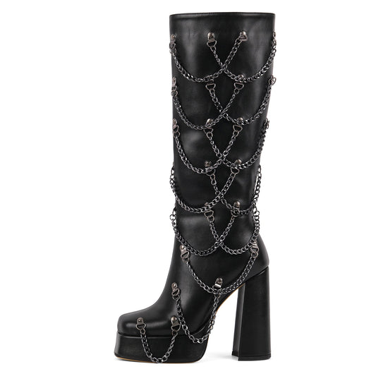 Square Toe Platform Metal Chain Knee High Boots - Onlymaker Latest