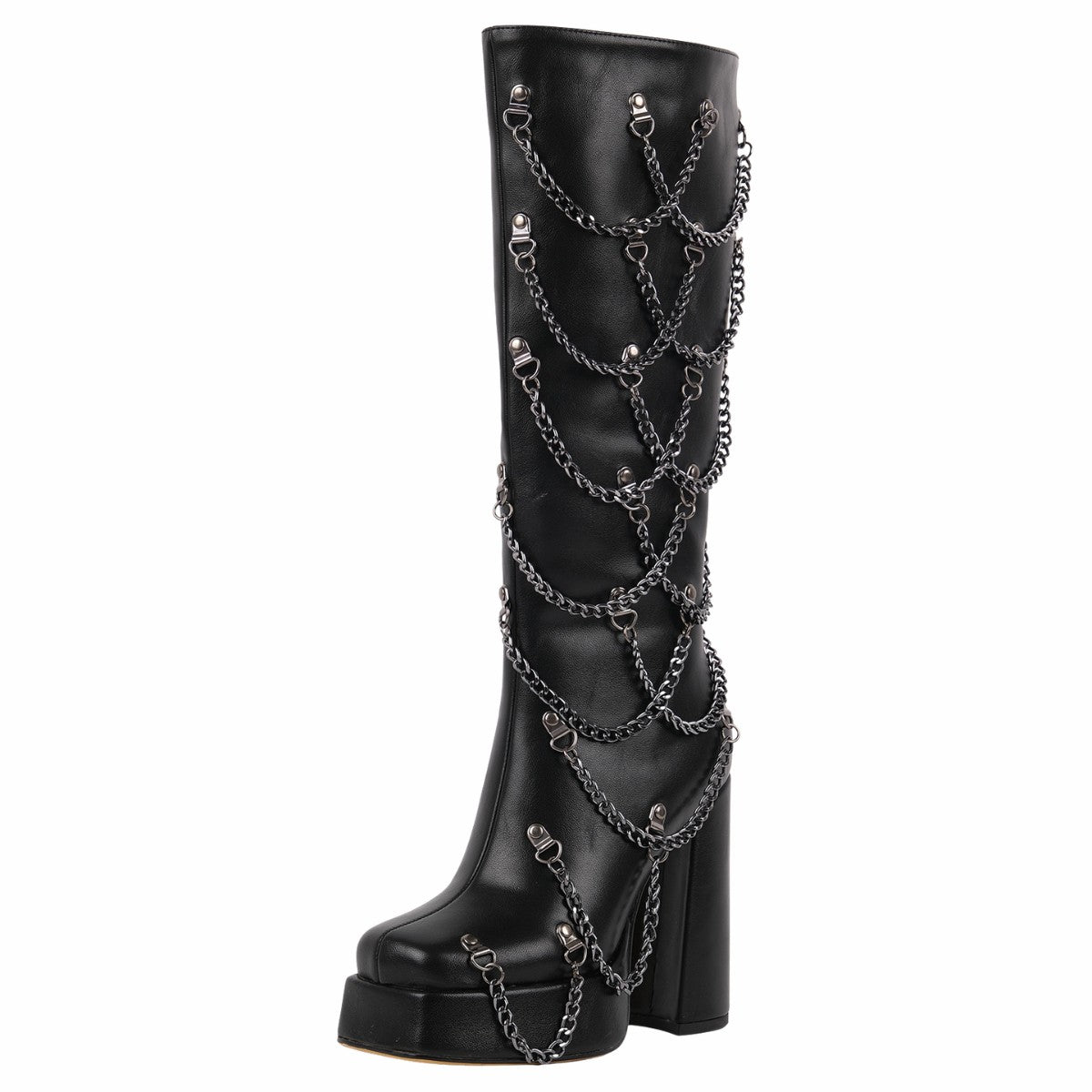 Square Toe Platform Metal Chain Knee High Boots - Onlymaker Latest