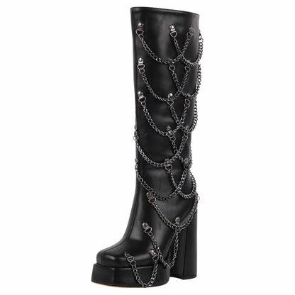 Square Toe Platform Metal Chain Knee High Boots - Onlymaker Latest