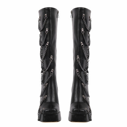 Square Toe Platform Metal Chain Knee High Boots - Onlymaker Latest