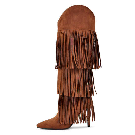 Pointed Toe Suede Fringe Knee High Boots - Onlymaker New