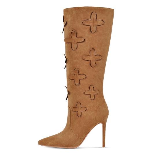Suede Pointed Toe Floral Knee High Boots - Onlymaker New