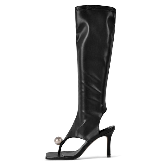 Thong Square Toe Knee High Bootie Sandals - Onlymaker Essential