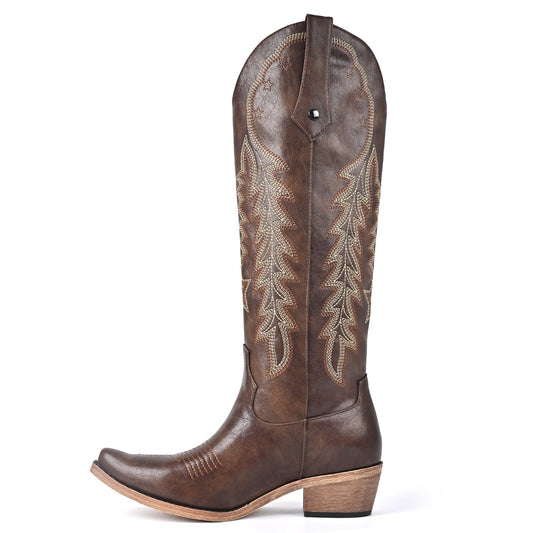 Pointed Toe Embroidery Knee High Western Boots - Onlymaker Premium