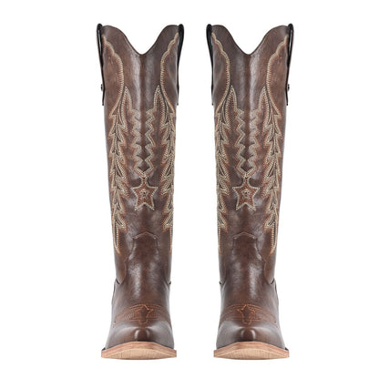 Pointed Toe Embroidery Knee High Western Boots - Onlymaker Premium
