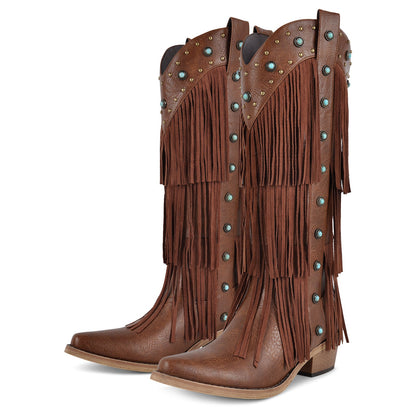 Fringe & Stud Knee High Western Boots - Onlymaker Best Seller