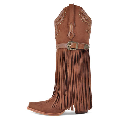 Fringe Embroidery Knee High Western Boots - Onlymaker Quality