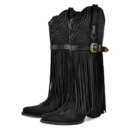 Fringe Embroidery Knee High Western Boots - Onlymaker Quality