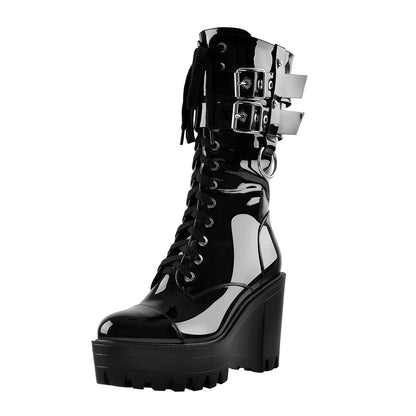 Black Platform Mid Calf Chunky High Heels Boots - Onlymaker Top Pick