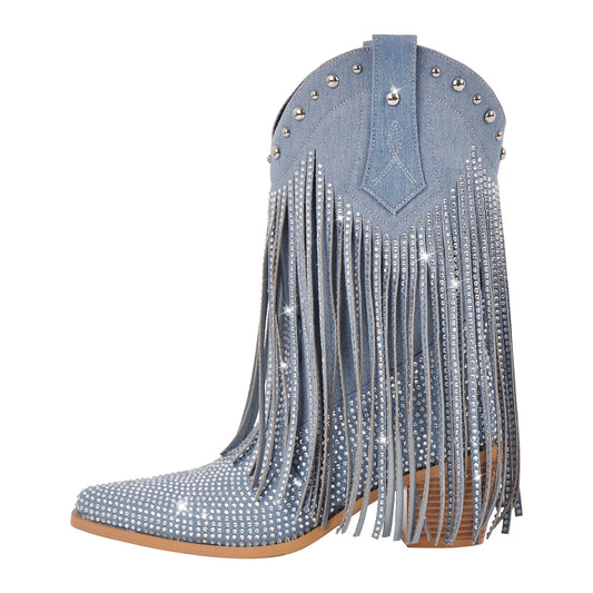 Rhinestone Pointed Toe Fringe Mid-Calf Western Boots - Onlymaker Latest