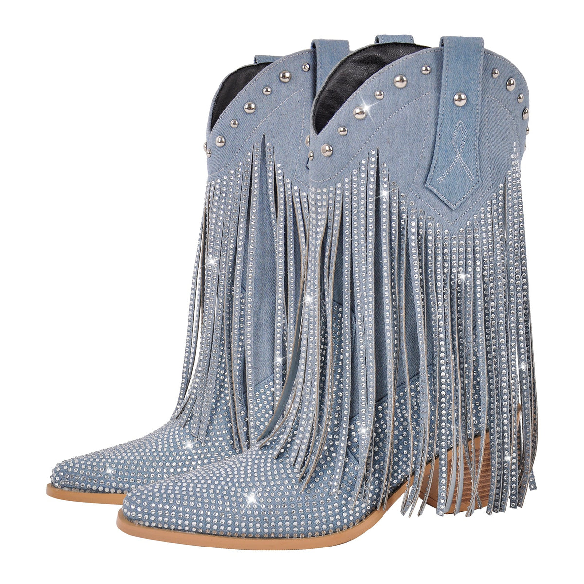 Rhinestone Pointed Toe Fringe Mid-Calf Western Boots - Onlymaker Latest