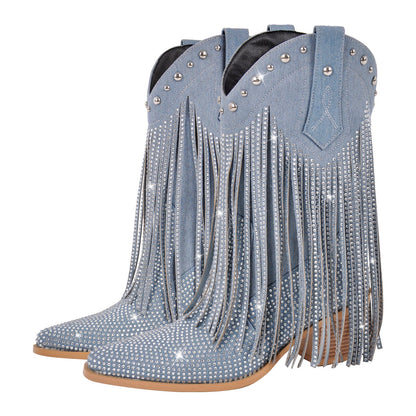 Rhinestone Pointed Toe Fringe Mid-Calf Western Boots - Onlymaker Latest