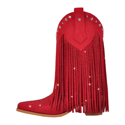 Rhinestone Pointed Toe Fringe Mid-Calf Western Boots - Onlymaker Latest