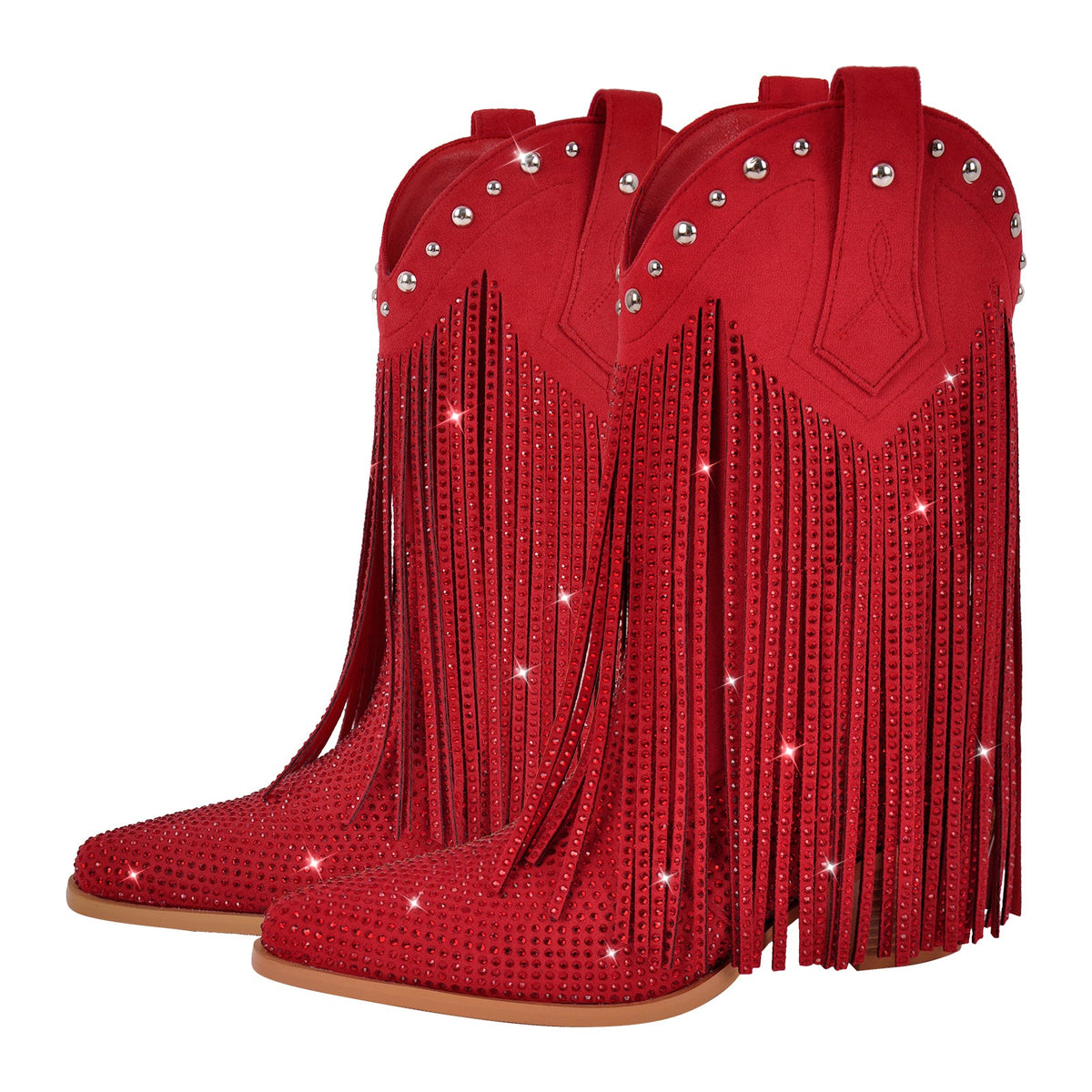 Rhinestone Pointed Toe Fringe Mid-Calf Western Boots - Onlymaker Latest