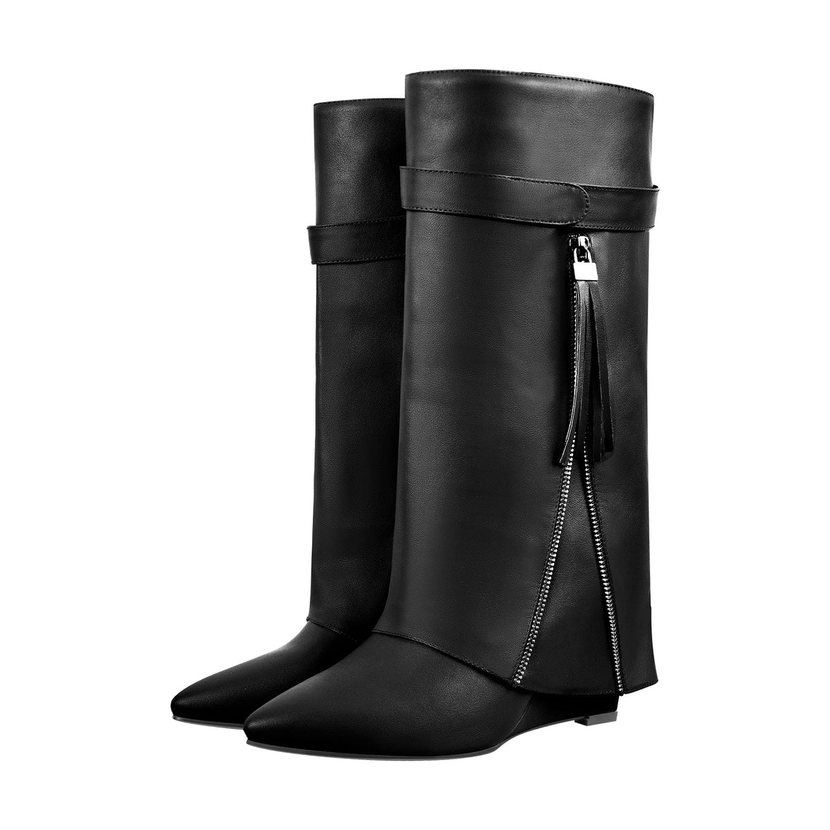 Pointed Toe Side Tassel Zipper Fold Over Boots - Onlymaker Premium