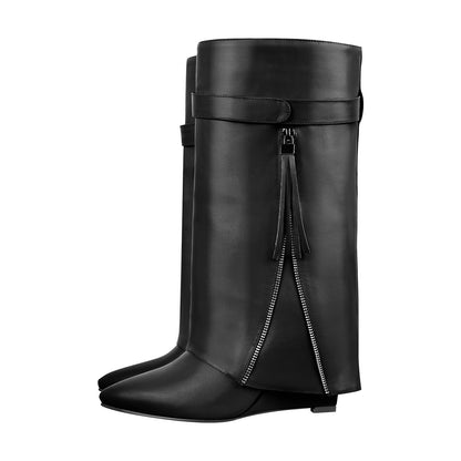 Pointed Toe Side Tassel Zipper Fold Over Boots - Onlymaker Premium