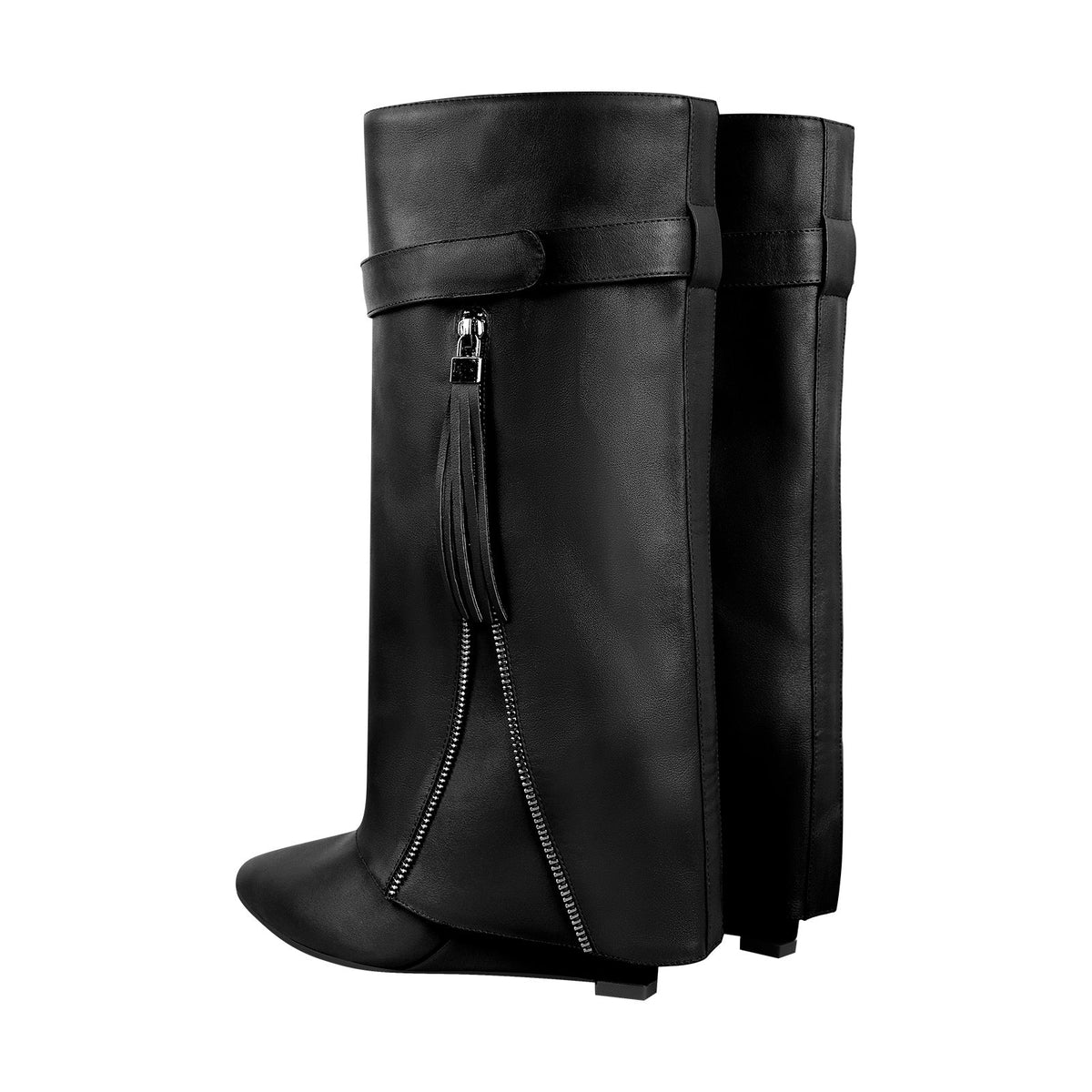 Pointed Toe Side Tassel Zipper Fold Over Boots - Onlymaker Premium