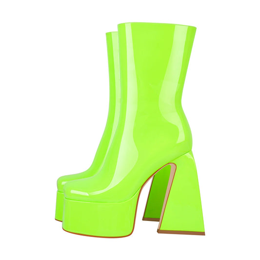 Fluorescent Green Platform Mid-Calf Chunky Boots - Onlymaker Deals