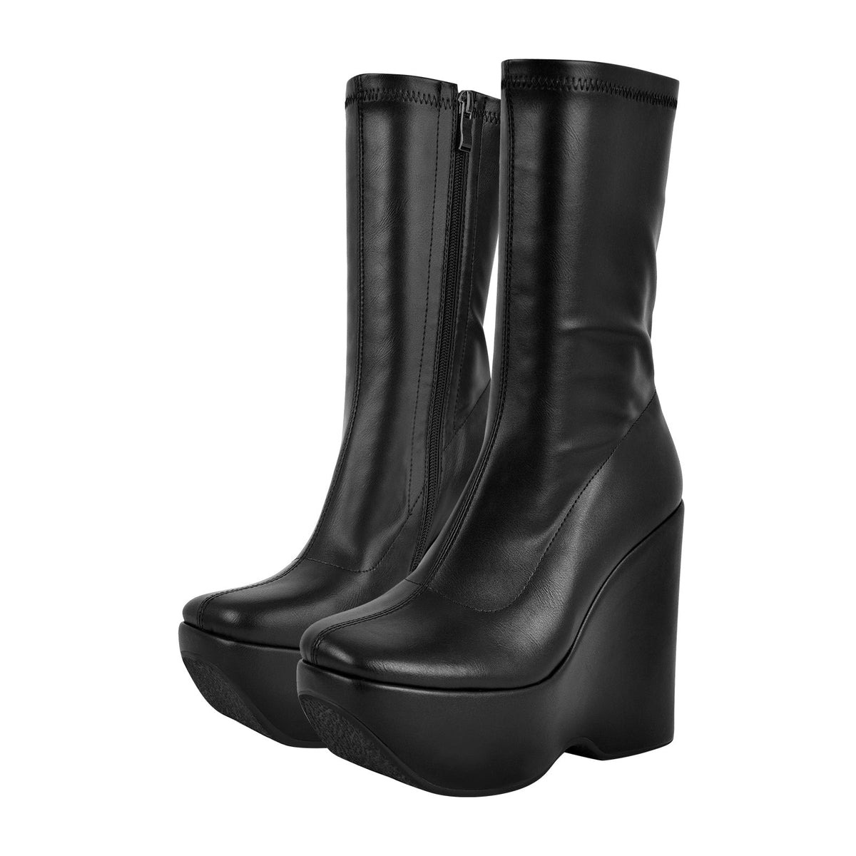 Black Platform Zip Up Mid-Calf Boots - Onlymaker Featured