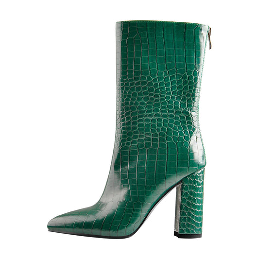 Pointed Toe Stone Pattern Chunky High Heels Darkseagreen Ankle Boots - Onlymaker Value