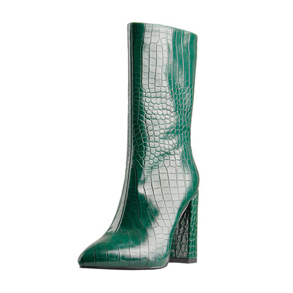 Pointed Toe Stone Pattern Chunky High Heels Darkseagreen Ankle Boots - Onlymaker Value