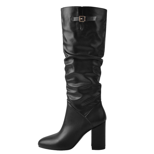 Matte Black Leather Chunky Heels Boots - Onlymaker Featured