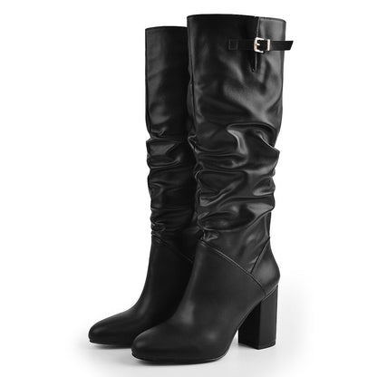 Matte Black Leather Chunky Heels Boots - Onlymaker Featured