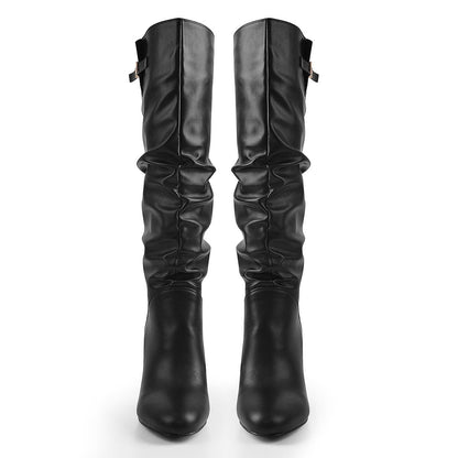 Matte Black Leather Chunky Heels Boots - Onlymaker Featured