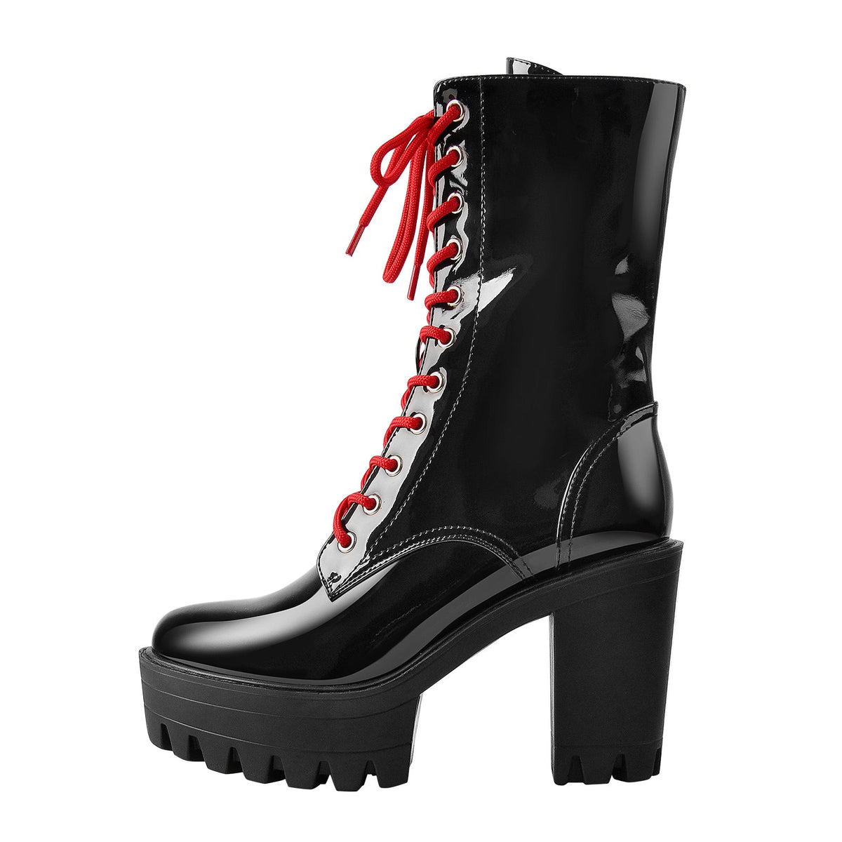 Patent Black Platform Red Lace Chunky Heel Ankle Boots - Onlymaker Deals