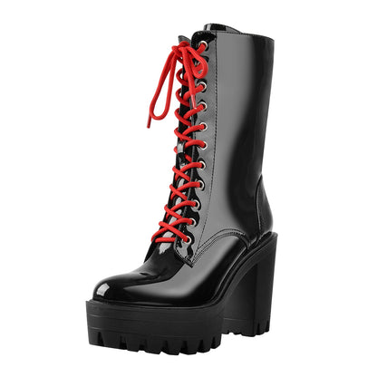 Patent Black Platform Red Lace Chunky Heel Ankle Boots - Onlymaker Deals