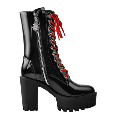 Patent Black Platform Red Lace Chunky Heel Ankle Boots - Onlymaker Deals