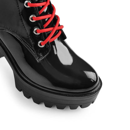 Patent Black Platform Red Lace Chunky Heel Ankle Boots - Onlymaker Deals