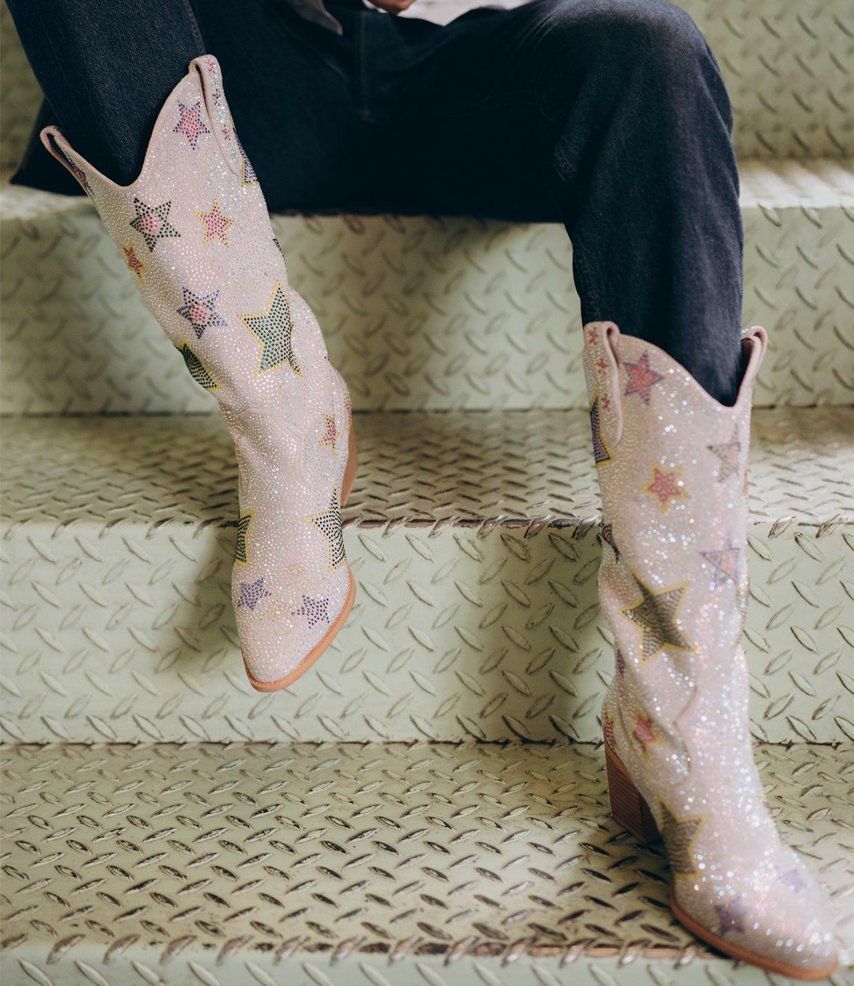 Rhinestone Star Chunky Heel Mid-Calf Western Boots - Onlymaker Customer Favorite