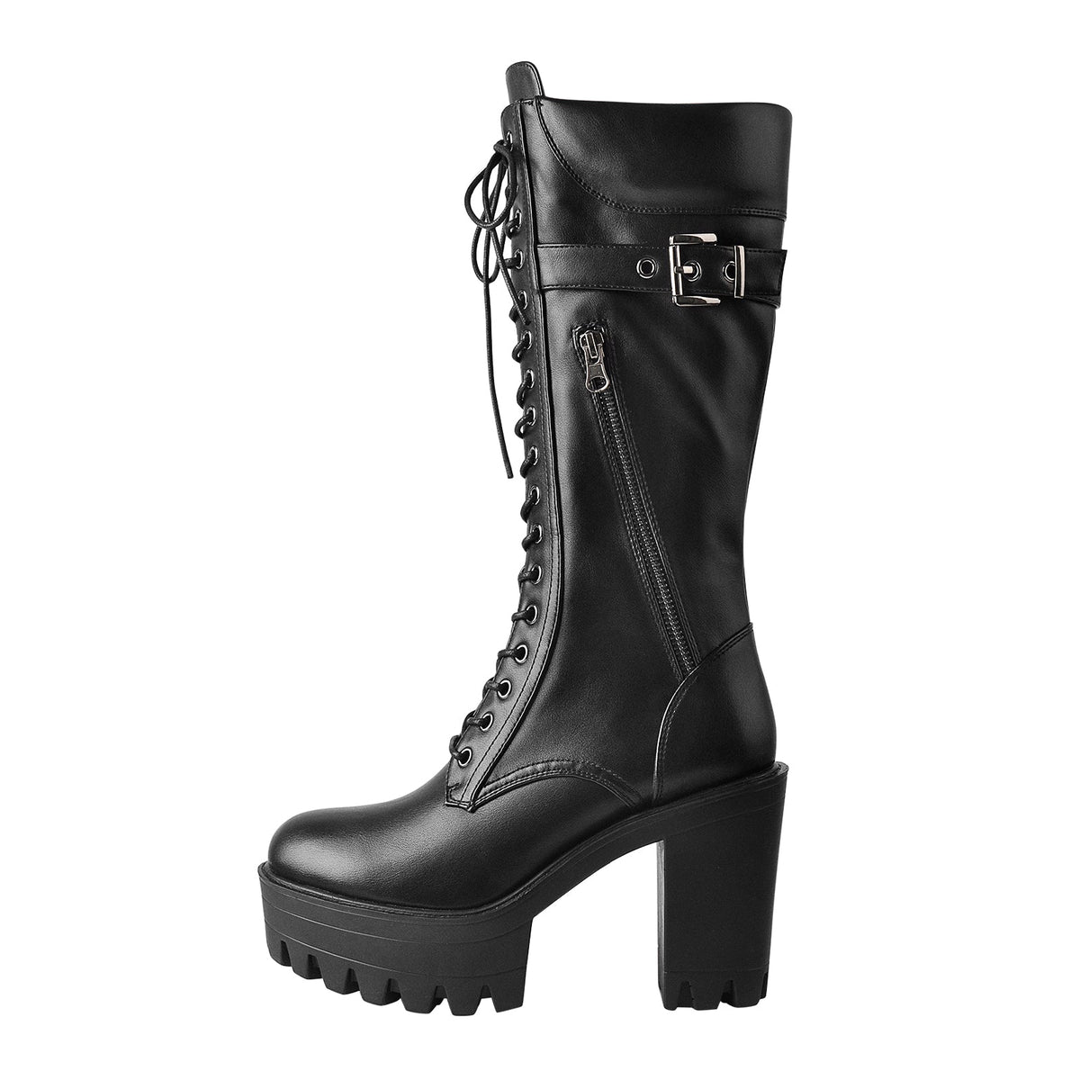 Black Patent Leather Platform Lace Up Knee High Boots - Onlymaker Featured