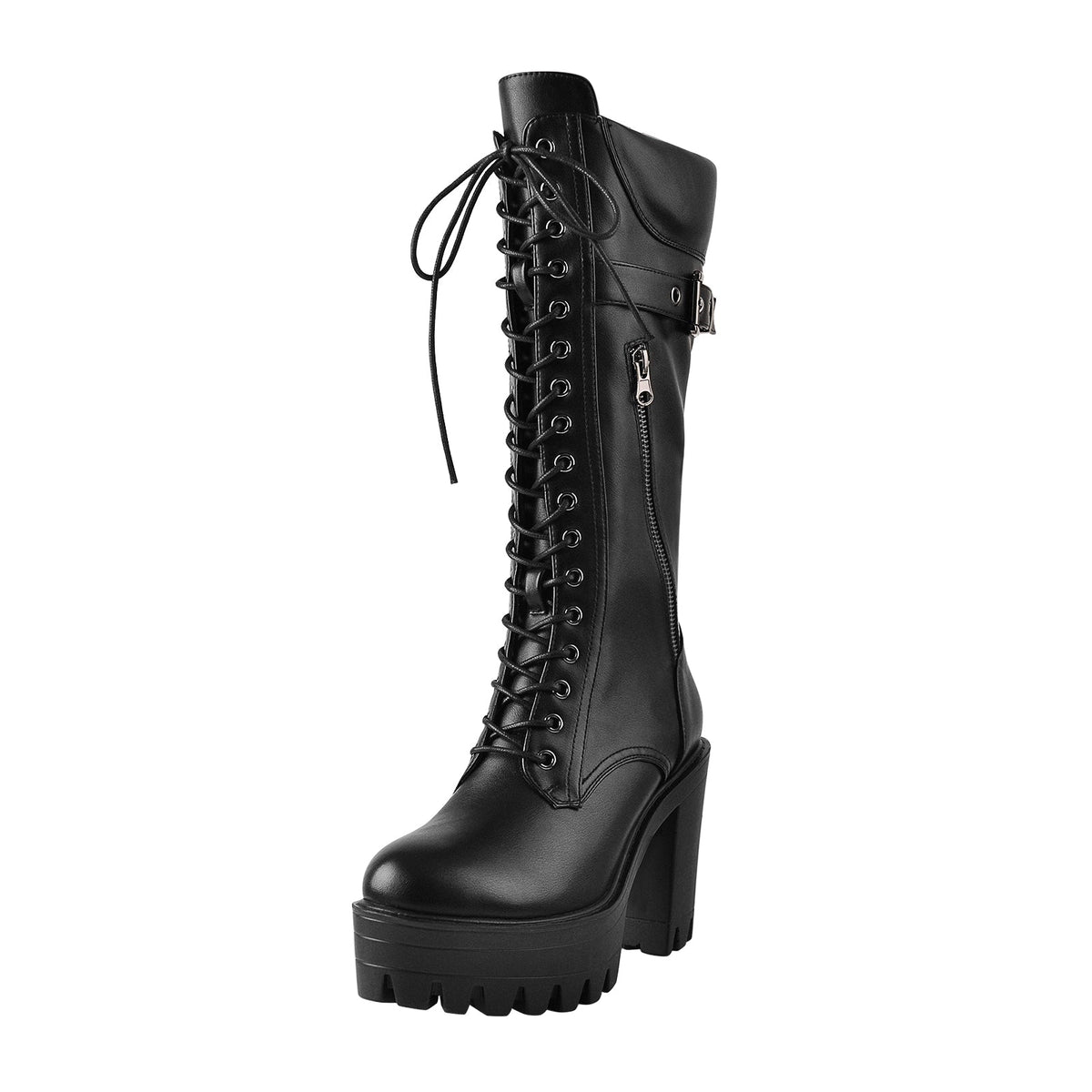 Black Patent Leather Platform Lace Up Knee High Boots - Onlymaker Featured