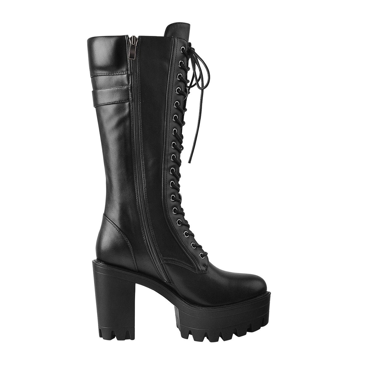 Black Patent Leather Platform Lace Up Knee High Boots - Onlymaker Featured