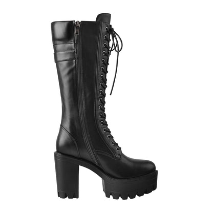 Black Patent Leather Platform Lace Up Knee High Boots - Onlymaker Featured