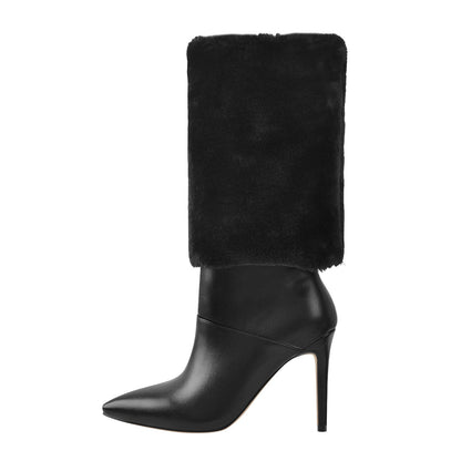 Downy White Black Pointed Toe High Heel Stiletto Boots - Onlymaker Essential