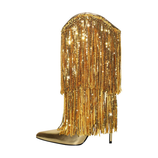 Pointed Toe Stilettos Sequin Fringe Boots - Onlymaker Hot Sale