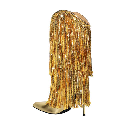 Pointed Toe Stilettos Sequin Fringe Boots - Onlymaker Hot Sale