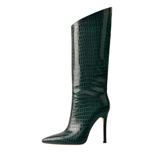 Green Stone Pattern High Heel Mid-Calf Boots - Onlymaker Latest