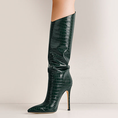 Green Stone Pattern High Heel Mid-Calf Boots - Onlymaker Latest