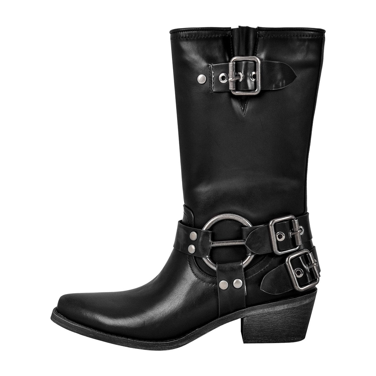 Pointed Toe Chunky Heel Buckle Strap Mid-Calf Western Boots - Onlymaker Discount