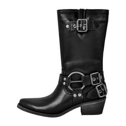 Pointed Toe Chunky Heel Buckle Strap Mid-Calf Western Boots - Onlymaker Discount