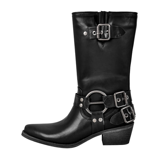 Pointed Toe Chunky Heel Buckle Strap Mid-Calf Western Boots - Onlymaker Discount
