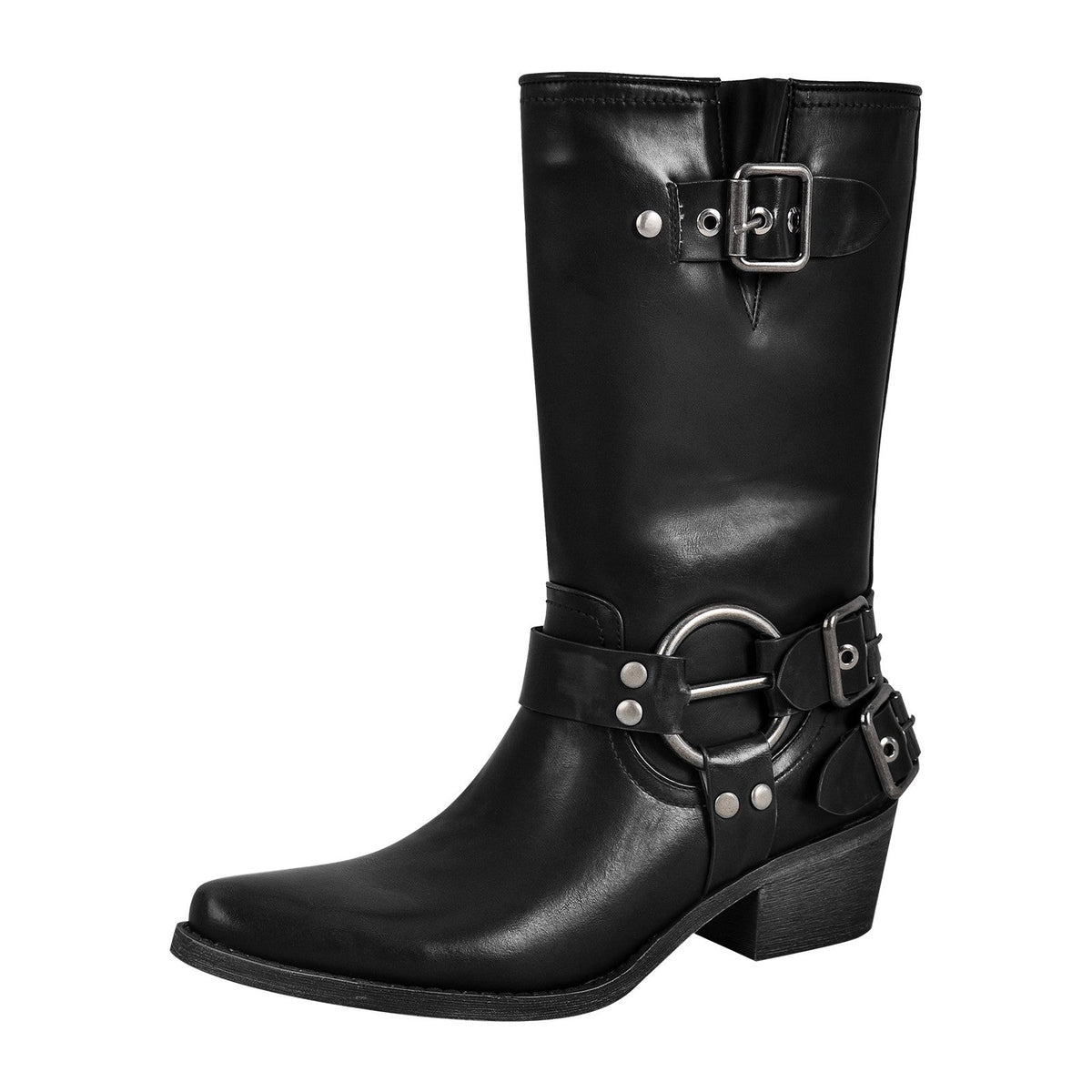 Pointed Toe Chunky Heel Buckle Strap Mid-Calf Western Boots - Onlymaker Discount