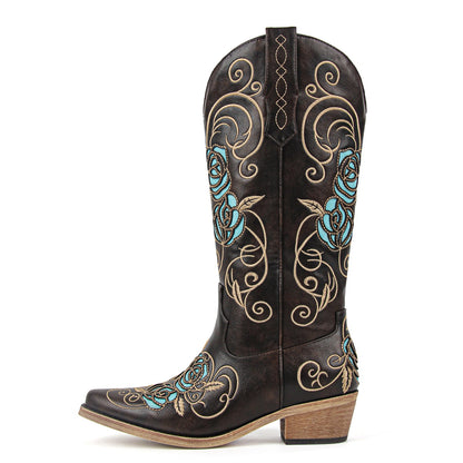 Floral Embroidery Mid-Calf Western Boots - Onlymaker Classic