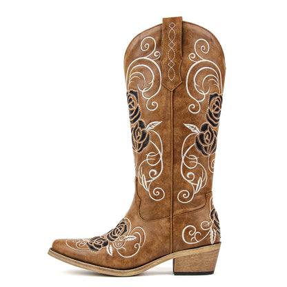 Floral Embroidery Mid-Calf Western Boots - Onlymaker Classic